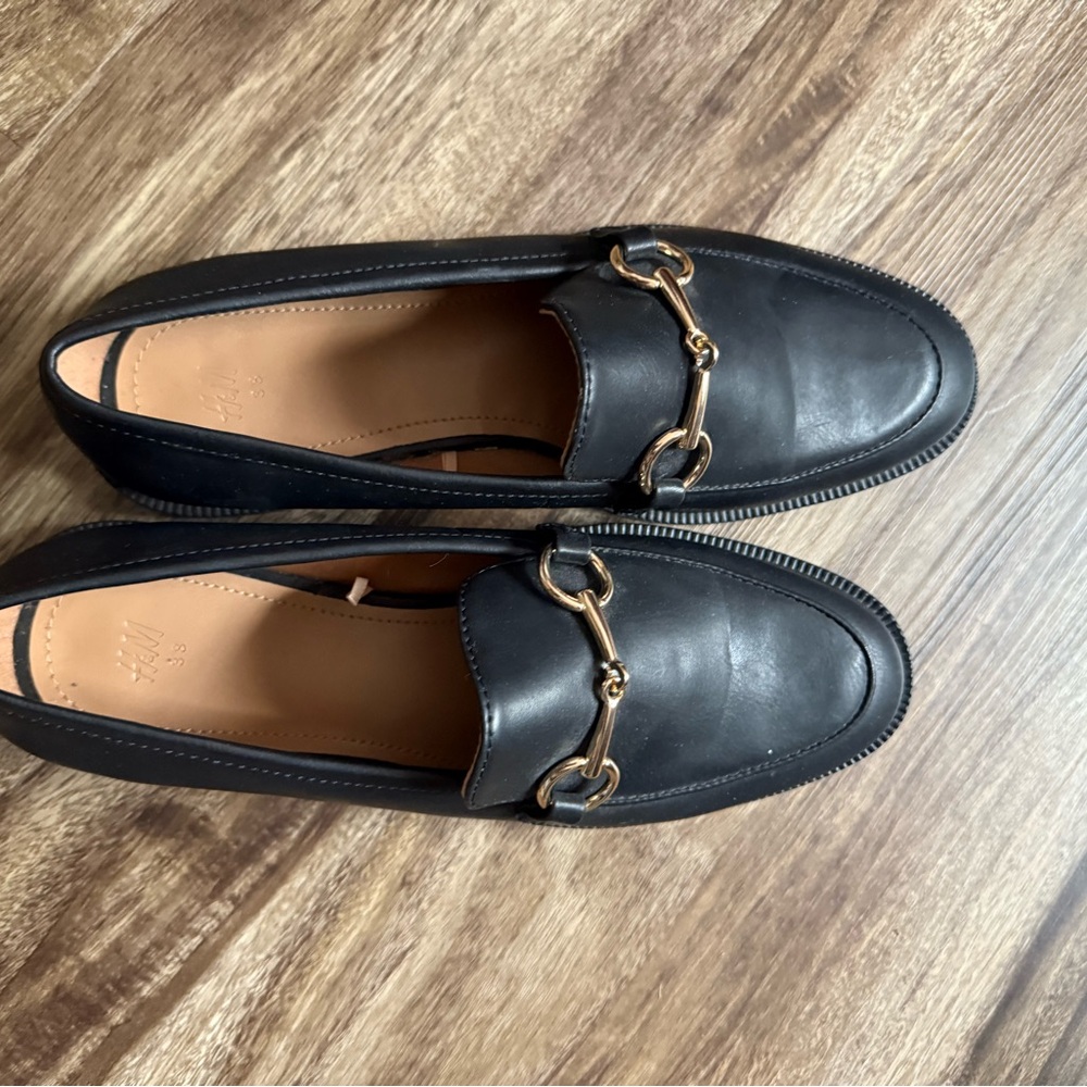 H&M Black Leather Horsebit Loafers with Gold Hardware